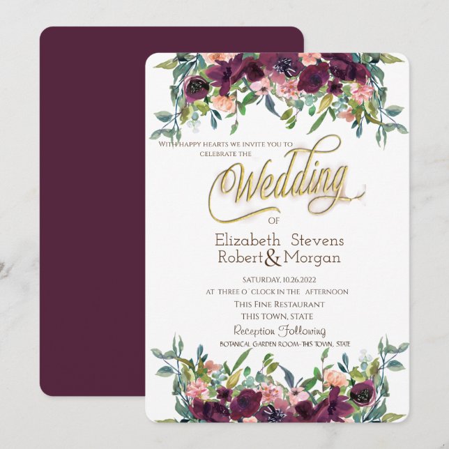 Chic Burgundy Flowers Wedding   Invitation (Front/Back)