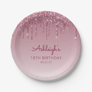 Chic Burgundy Glitter Drip 18th Birthday Party Paper Plate