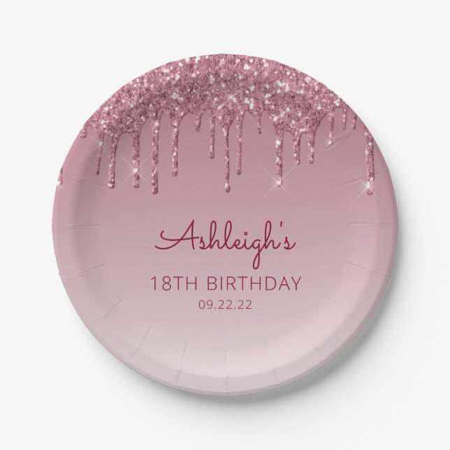 Chic Burgundy Glitter Drip 18th Birthday Party Paper Plate (Front)