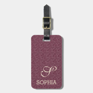 Chic Burgundy Glitter Ivory Custom Monogram Luggage Tag