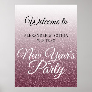 Chic Burgundy Glitter New Years Party Welcome Poster