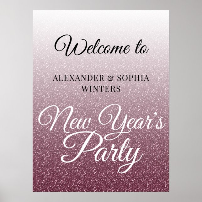 Chic Burgundy Glitter New Years Party Welcome Poster (Front)