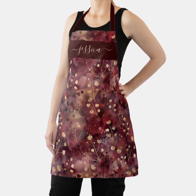 Chic burgundy gold abstract floral name apron (Insitu)