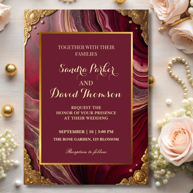 Chic Burgundy Gold Agate Marble Modern Wedding  Invitation (Creator Uploaded)