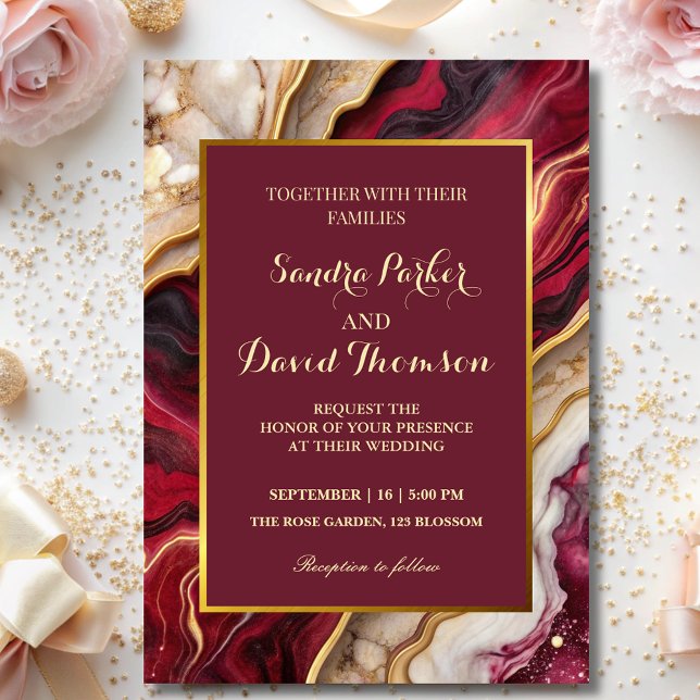 Chic Burgundy Gold Agate Marble Modern Wedding  Invitation (Creator Uploaded)