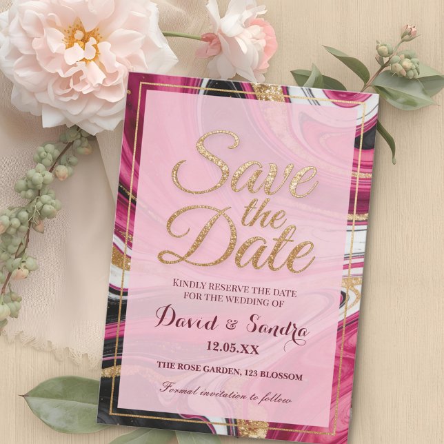 Chic Burgundy Gold Agate Marble Modern Wedding  Save The Date (Creator Uploaded)