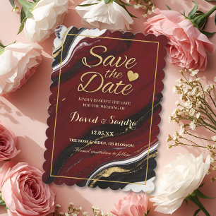 Chic Burgundy Gold Agate Marble Modern Wedding  Save The Date