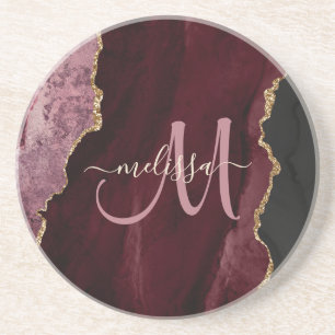 Chic Burgundy Gold Agate Script Custom Monogram Coaster
