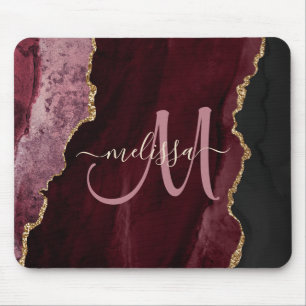 Chic Burgundy Gold Agate Script Custom Monogram Mouse Mat