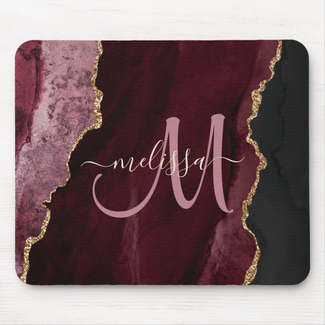 Chic Burgundy Gold Agate Script Custom Monogram Mouse Mat (Front)