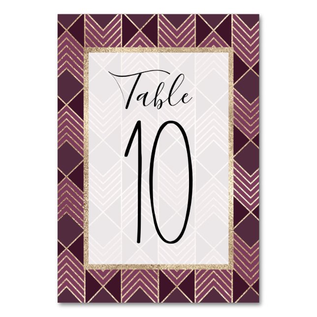 Chic Burgundy Gold Arrowhead Chevron Geometric Table Number (Front)