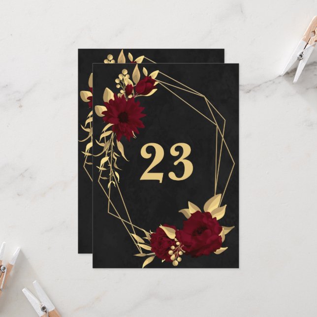 Chic burgundy & gold black geometric table number (Front/Back In Situ)