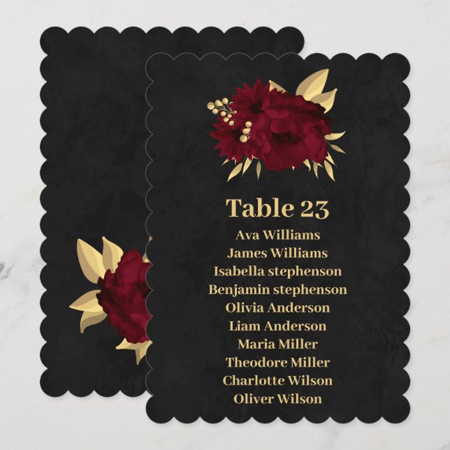 Chic burgundy & gold black seating chart card (Front/Back)