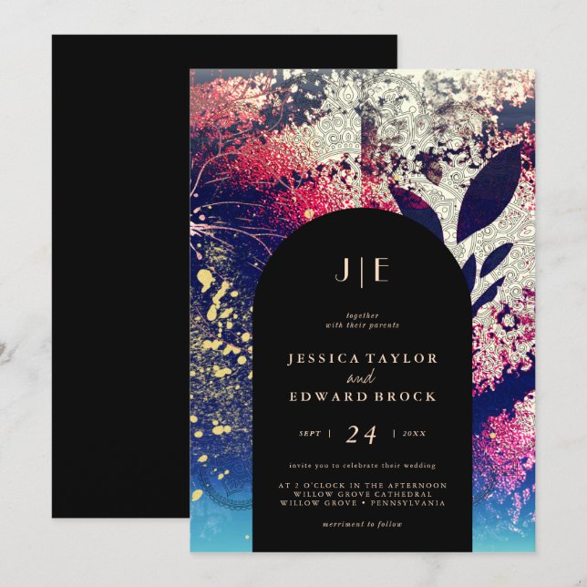 Chic Burgundy Gold Blue Botanical Abstract Wedding Invitation (Front/Back)