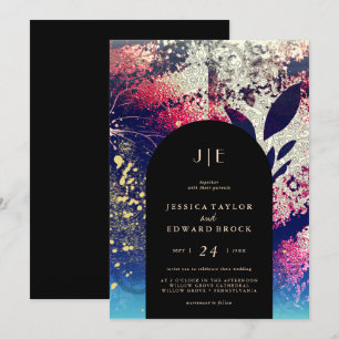 Chic Burgundy Gold Blue Botanical Abstract Wedding Invitation