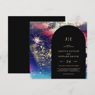 Chic Burgundy Gold Blue Botanical Square Wedding Invitation