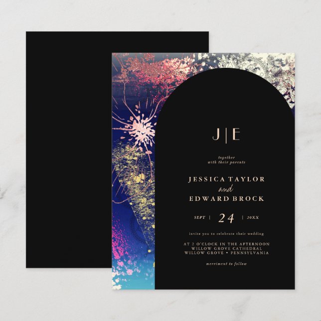 Chic Burgundy Gold Blue Botanical Square Wedding Invitation (Front/Back)