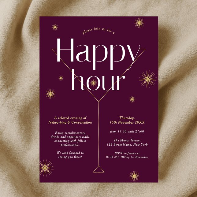 Chic Burgundy & Gold Company Networking Happy Hour Invitation (Modern burgundy and gold company cocktail party happy hour event invitation)