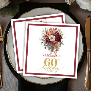 Chic Burgundy Gold Fall Floral 60th Birthday Paper Napkin