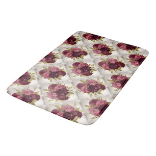 Chic Burgundy Gold Floral diamond tufted Pattern Bath Mat
