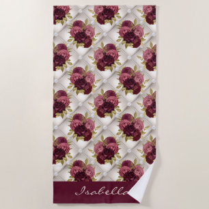 Chic Burgundy Gold Floral diamond tufted Pattern Beach Towel