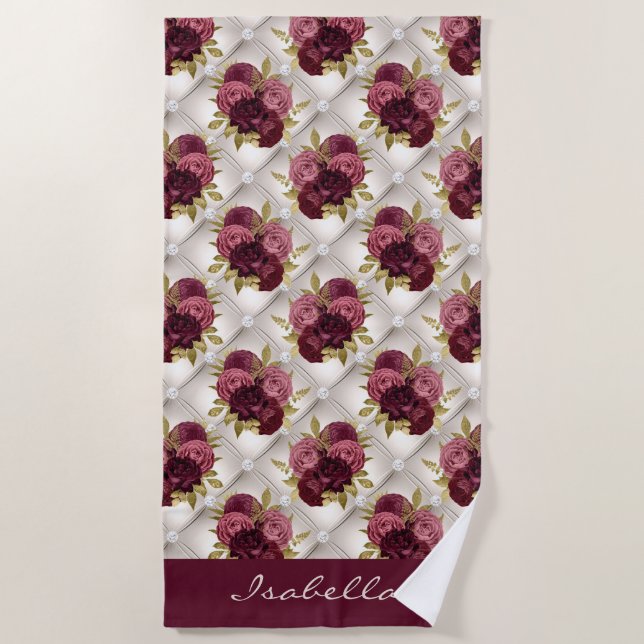 Chic Burgundy Gold Floral diamond tufted Pattern Beach Towel (Front)