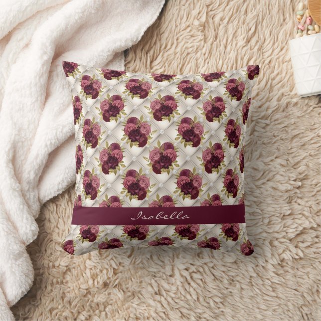Chic Burgundy Gold Floral diamond tufted Pattern Cushion (Blanket)