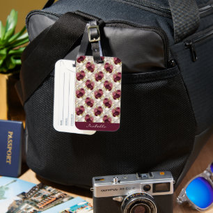 Chic Burgundy Gold Floral diamond tufted Pattern Luggage Tag