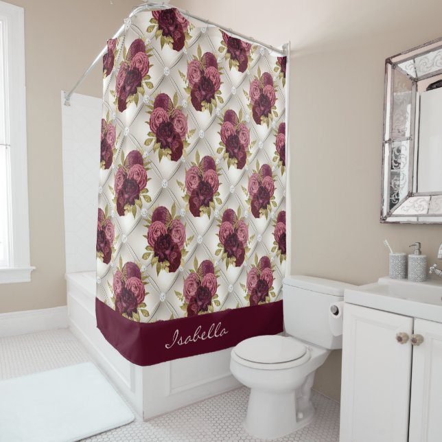 Chic Burgundy Gold Floral diamond tufted Pattern Shower Curtain (In Situ)