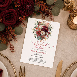 Chic Burgundy Gold Floral fall boho bridal shower Invitation