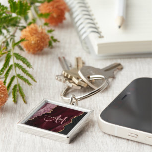 Chic Burgundy Gold Glitter Agate Custom Monogram Key Ring