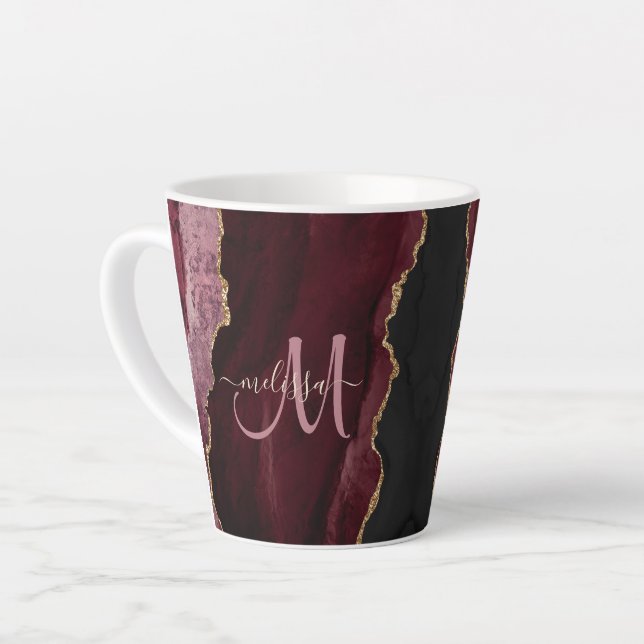 Chic Burgundy Gold Glitter Agate Custom Monogram Latte Mug (Left Angle)