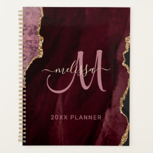 Chic Burgundy Gold Glitter Agate Monogram 2022 Planner