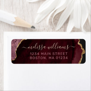 Chic Burgundy Gold Glitter Agate Monogram Address