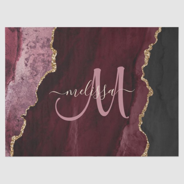 Chic Burgundy Gold Glitter Agate Monogram Tissue Paper (Front)