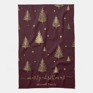 Chic Burgundy gold glitter merry christmas trees  Tea Towel
