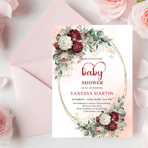 Chic Burgundy Gold Heart-Shaped Font Baby Shower  Invitation
