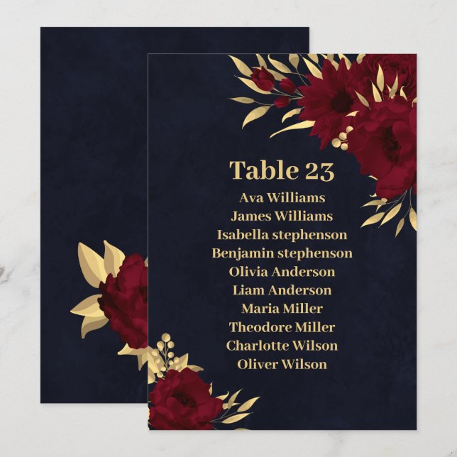 Chic burgundy & gold navy blue seating chart card (Front/Back)