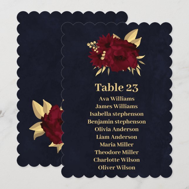 Chic burgundy & gold navy blue seating chart card (Front/Back)