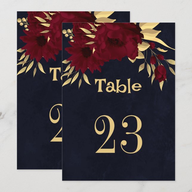 Chic burgundy & gold navy blue table number (Front/Back)