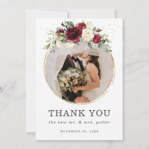Chic Burgundy Ivory Floral Wedding Photo Wedding Thank You Card