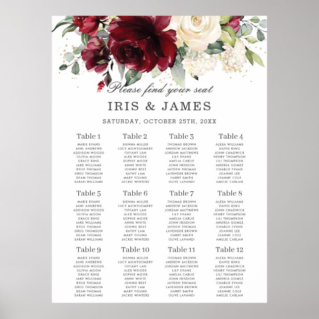 Chic Burgundy Ivory Floral Wedding Seating Chart (Front)
