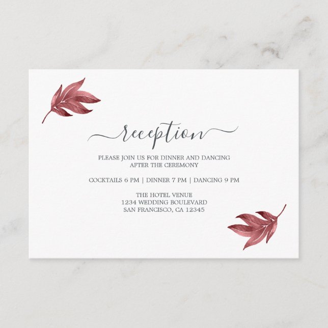 Chic Burgundy Leaf Minimal Wedding Reception Enclosure Card (Front)