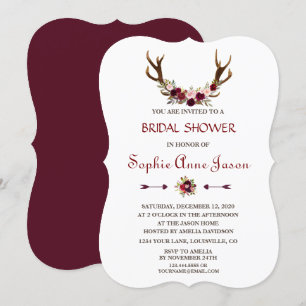 Chic Burgundy Marsala Floral Antlers Bridal Shower Invitation