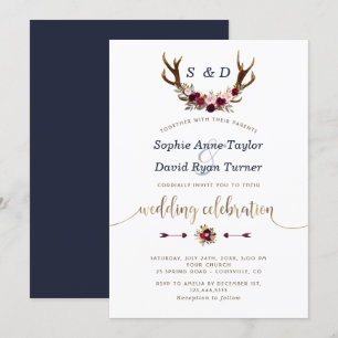 Chic Burgundy Marsala Floral Antlers Gold Wedding Invitation
