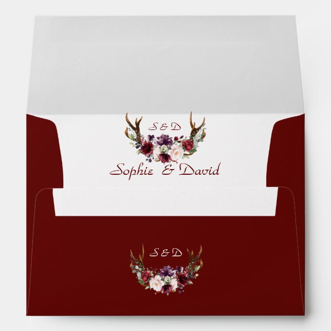 Chic Burgundy Marsala Floral Antlers Wedding Envelope (Back (Bottom))