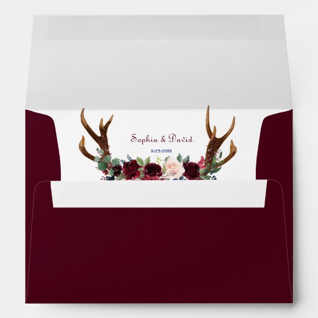 Chic Burgundy Marsala Floral Antlers Wedding Envelope (Back (Bottom))