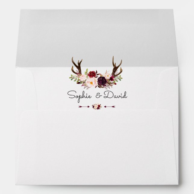 Chic Burgundy Marsala Floral Antlers Wedding Envelope (Back (Bottom))