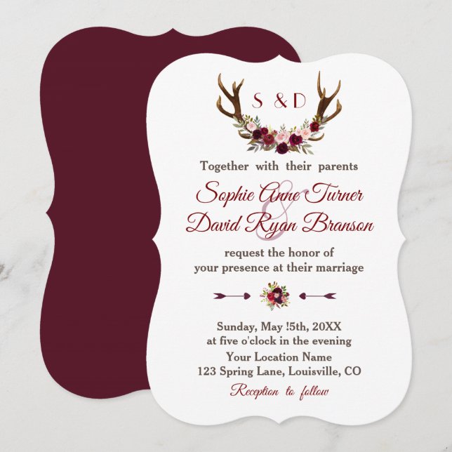 Chic Burgundy Marsala Floral Antlers Wedding Invitation (Front/Back)