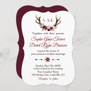 Chic Burgundy Marsala Floral Antlers Wedding Invitation